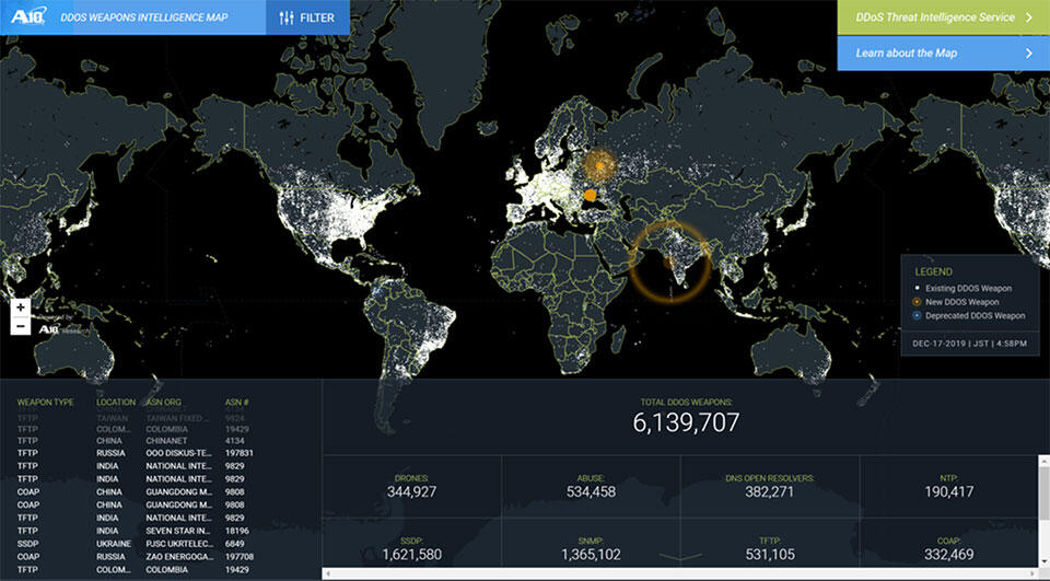 A10 ネットワークスが提供する、DDoS脅威情報マップ